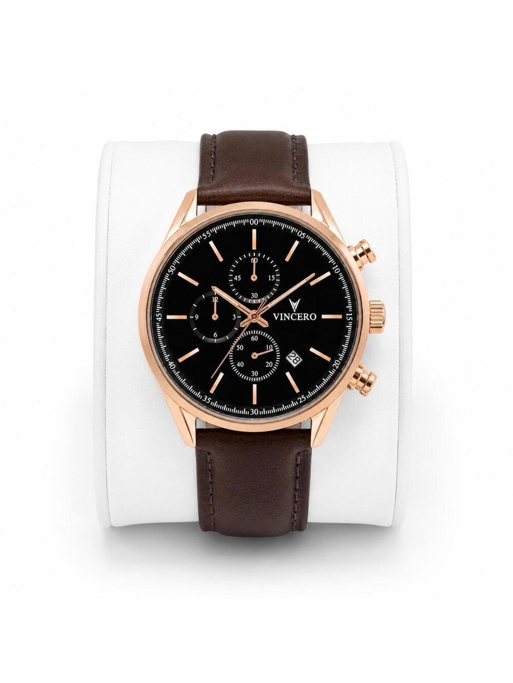 Vincero Chrono S2 40mm Rose Gold Chronograph Men Watch Black Dial Brown Leather